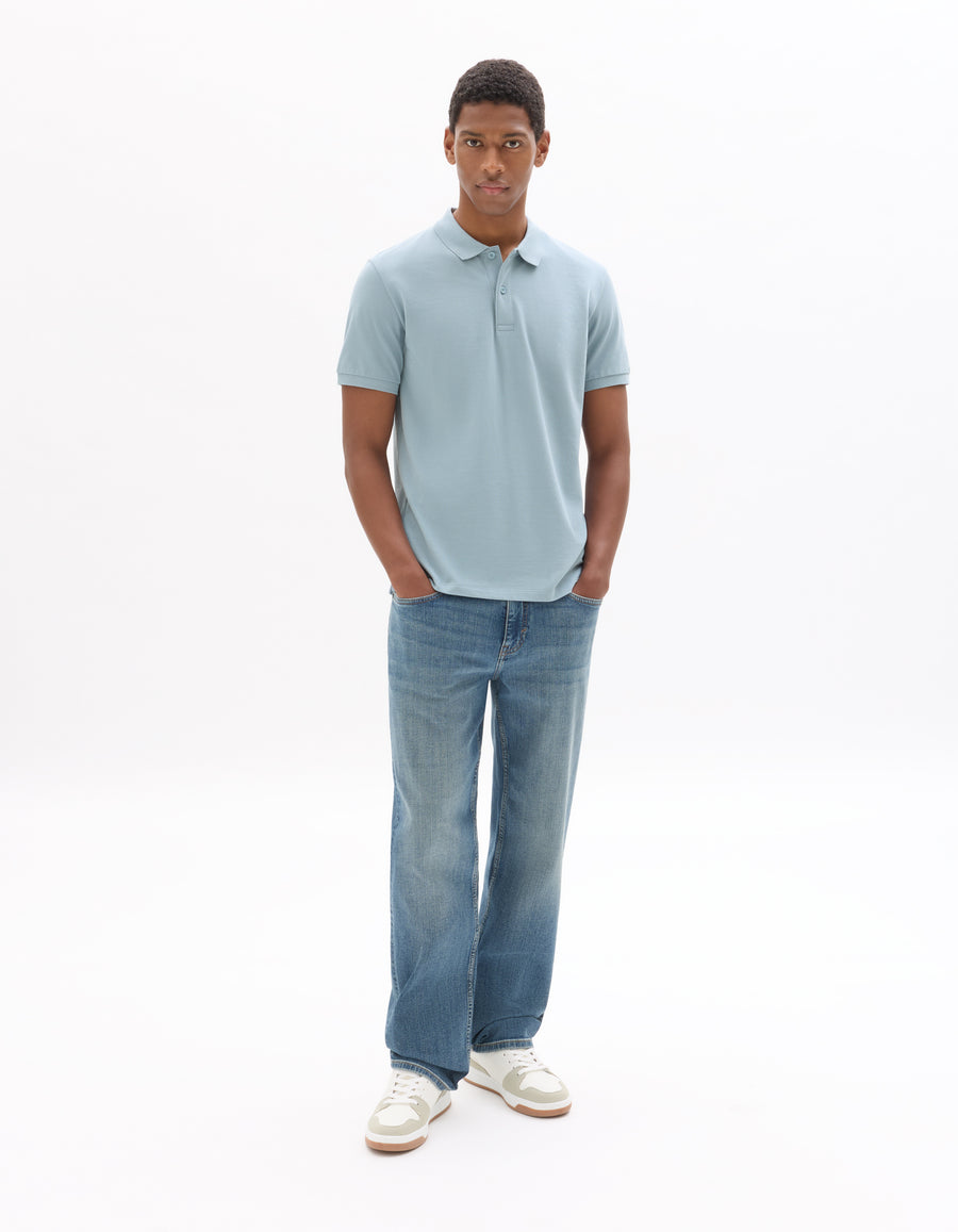 Straight Fit Stretch Cotton Jeans - Washed Blue