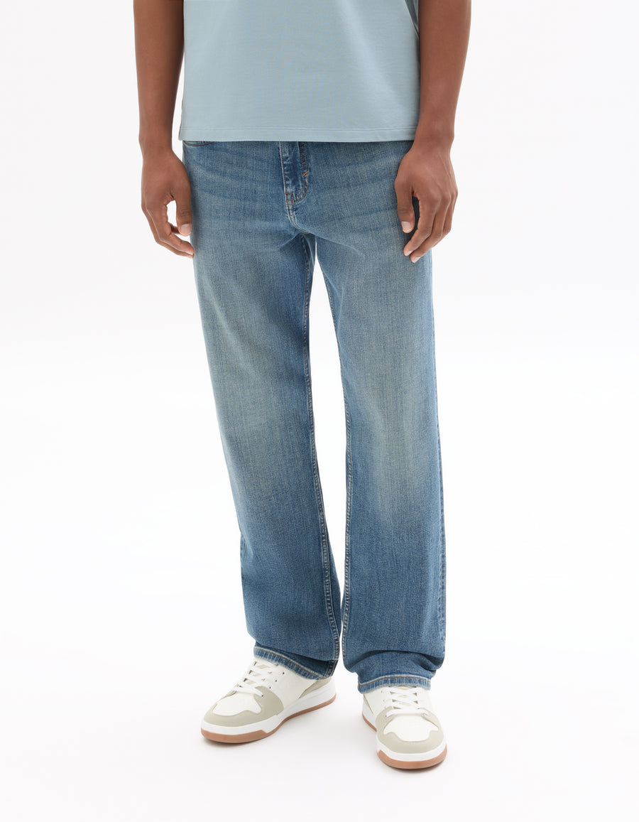 Straight Fit Stretch Cotton Jeans - Washed Blue