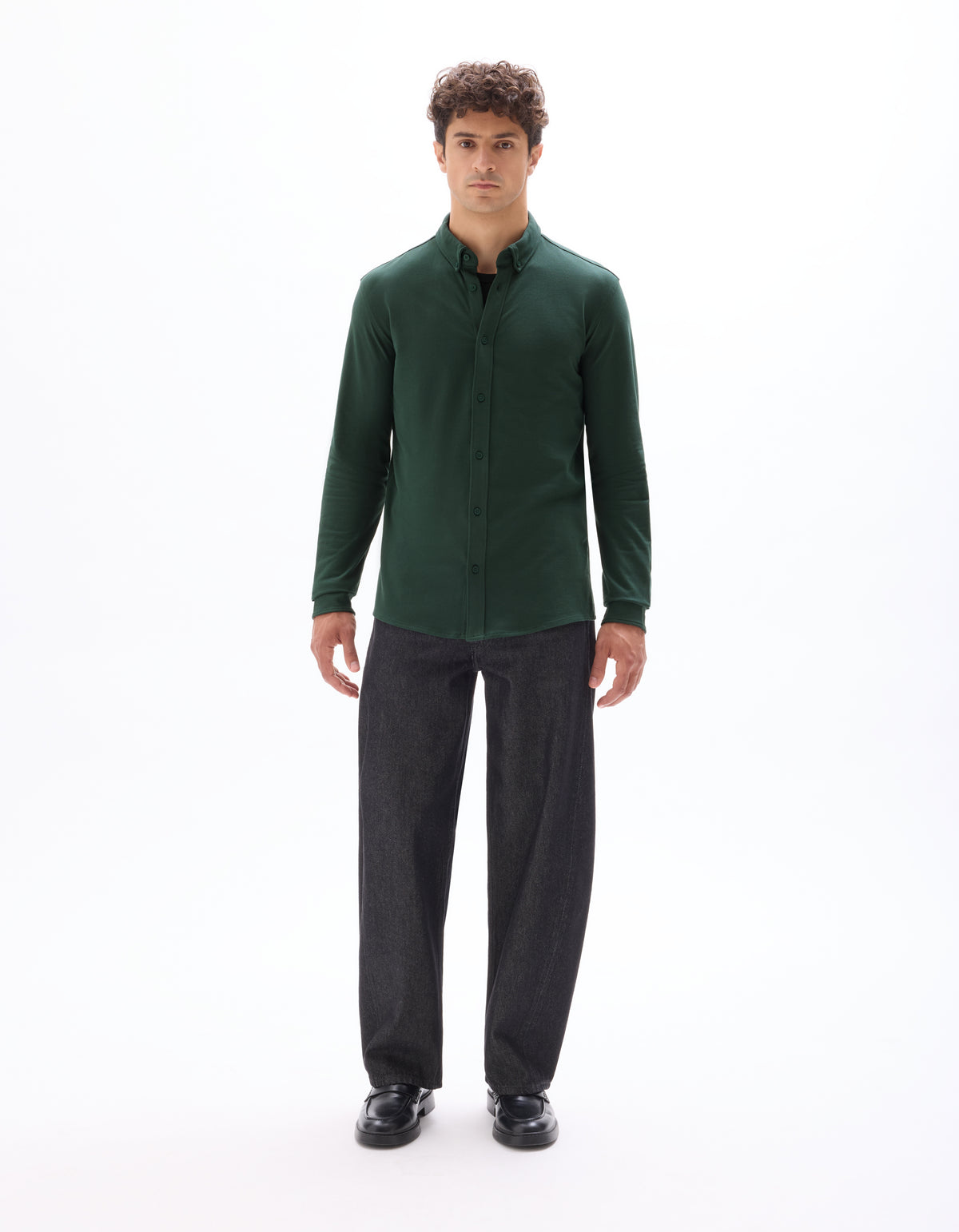 Regular Fit Stretch Cotton Button Down Collar Shirt - Green