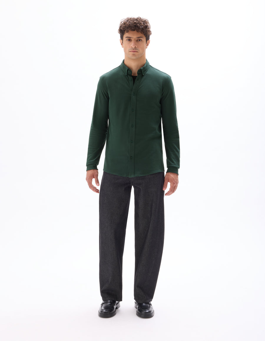 Regular Fit Stretch Cotton Button Down Collar Shirt - Green