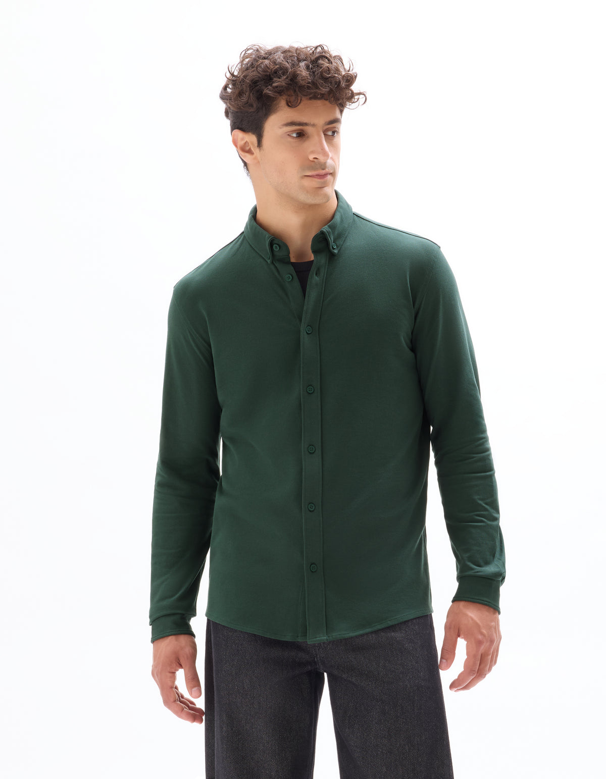 Regular Fit Stretch Cotton Button Down Collar Shirt - Green
