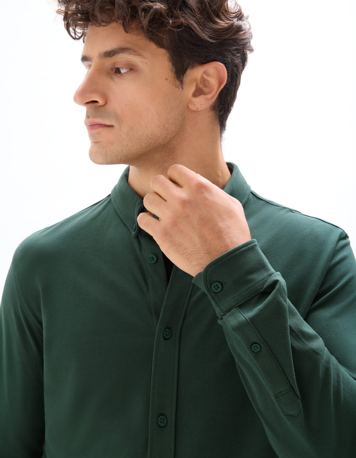 Regular Fit Stretch Cotton Button Down Collar Shirt - Green