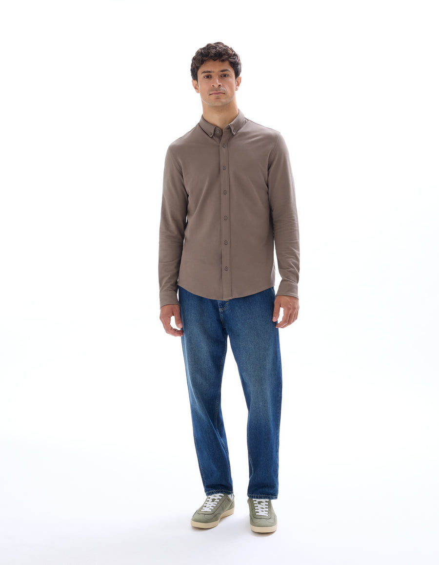Regular Fit Stretch Cotton Button Down Collar Shirt - Brown