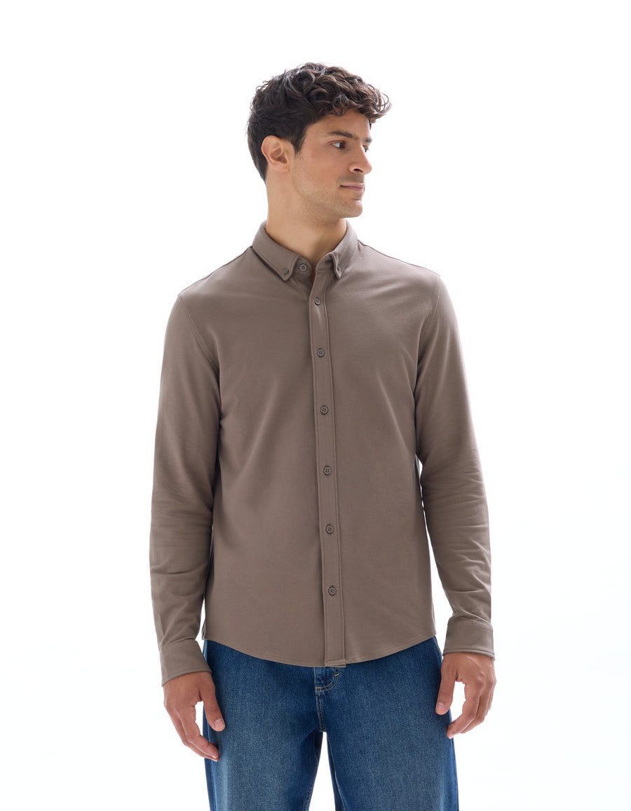 Regular Fit Stretch Cotton Button Down Collar Shirt - Brown