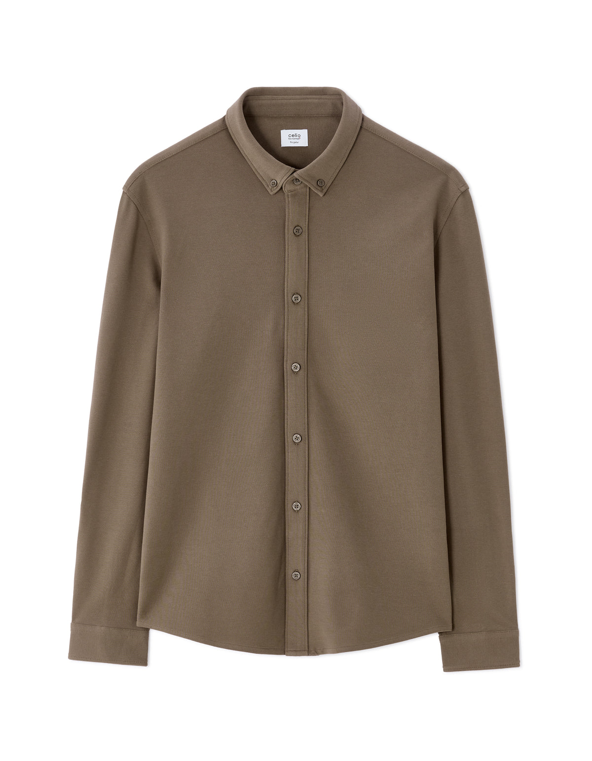 Regular Fit Stretch Cotton Button Down Collar Shirt - Brown