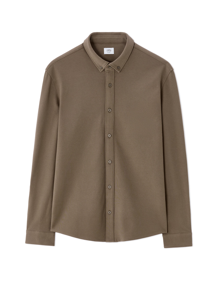 Regular Fit Stretch Cotton Button Down Collar Shirt - Brown