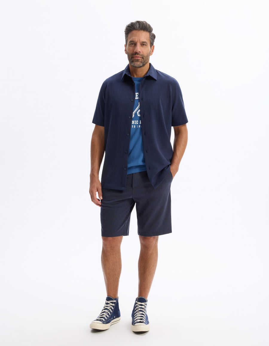 Regular Fit Cotton Blend Spread Collar Shirt - Navy Blue