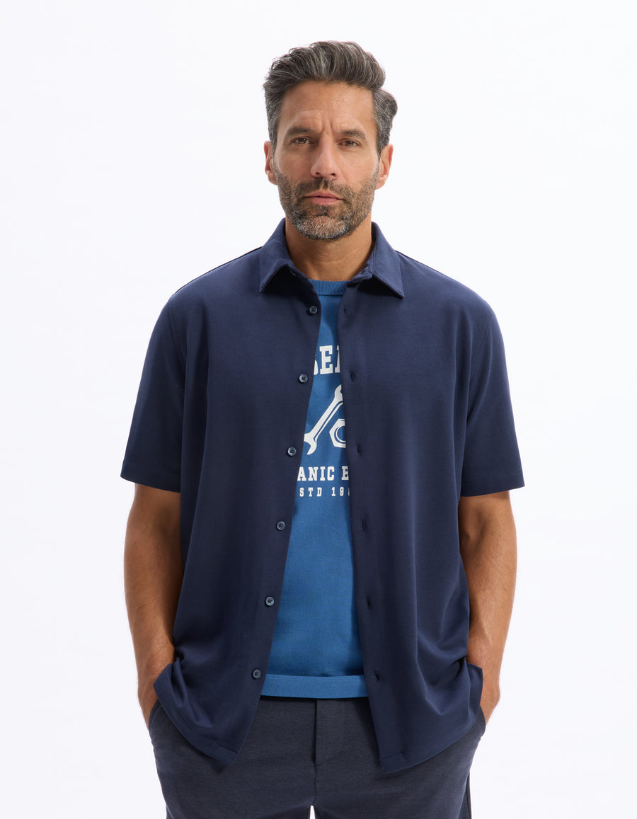 Regular Fit Cotton Blend Spread Collar Shirt - Navy Blue