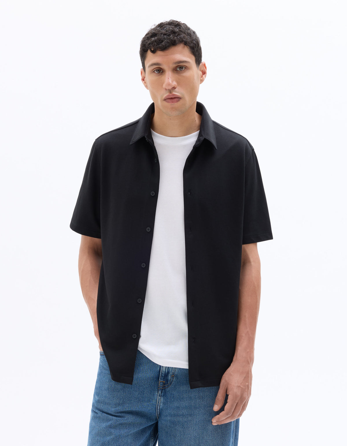 Regular Fit Cotton Blend Spread Collar Shirt - Black