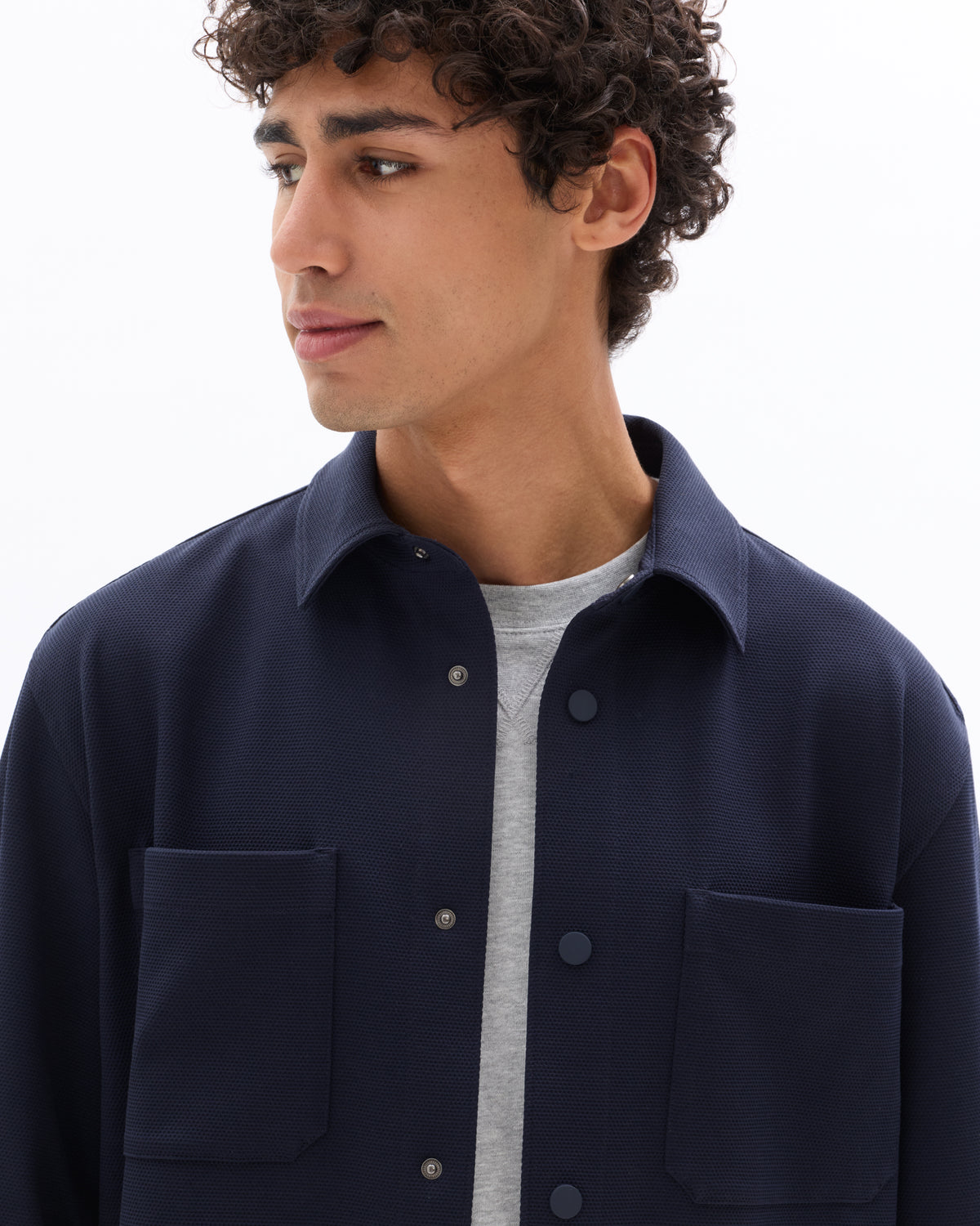 Oversized Fit Stretch Cotton Spread Collar Shirt - Navy Blue