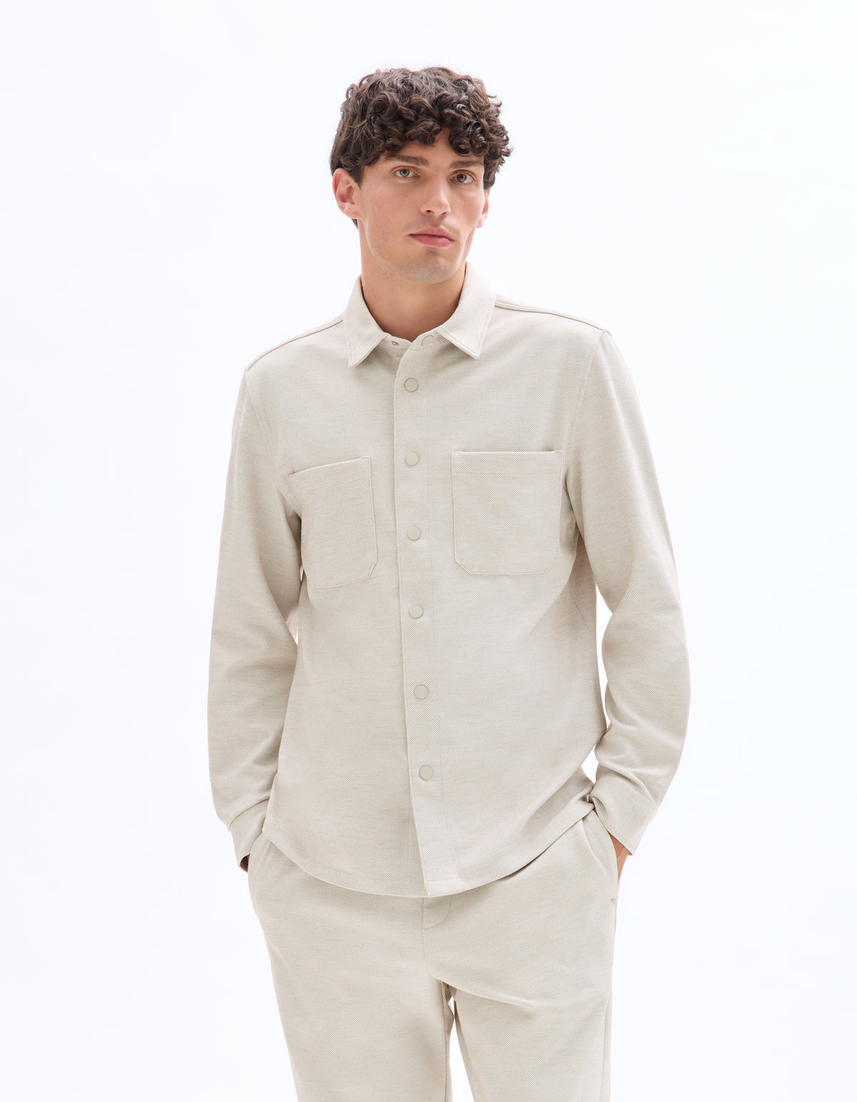 Overshirt Fit Stretch Cotton Spread Collar Shirt - Beige