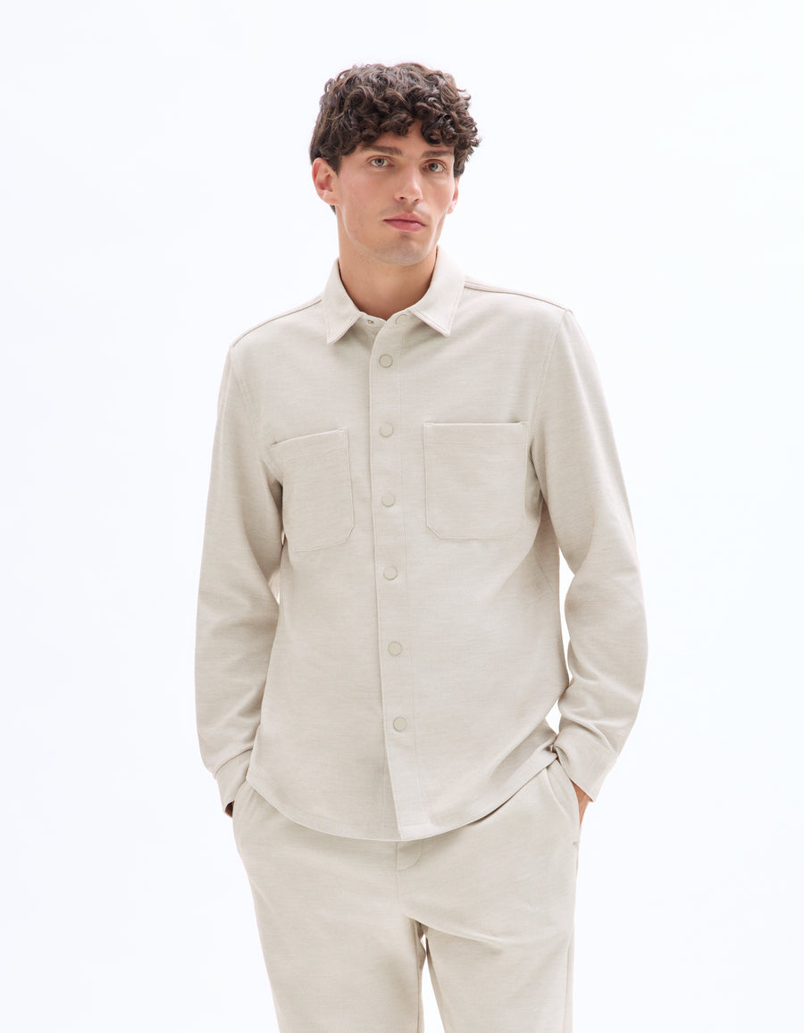 Overshirt Fit Stretch Cotton Spread Collar Shirt - Beige