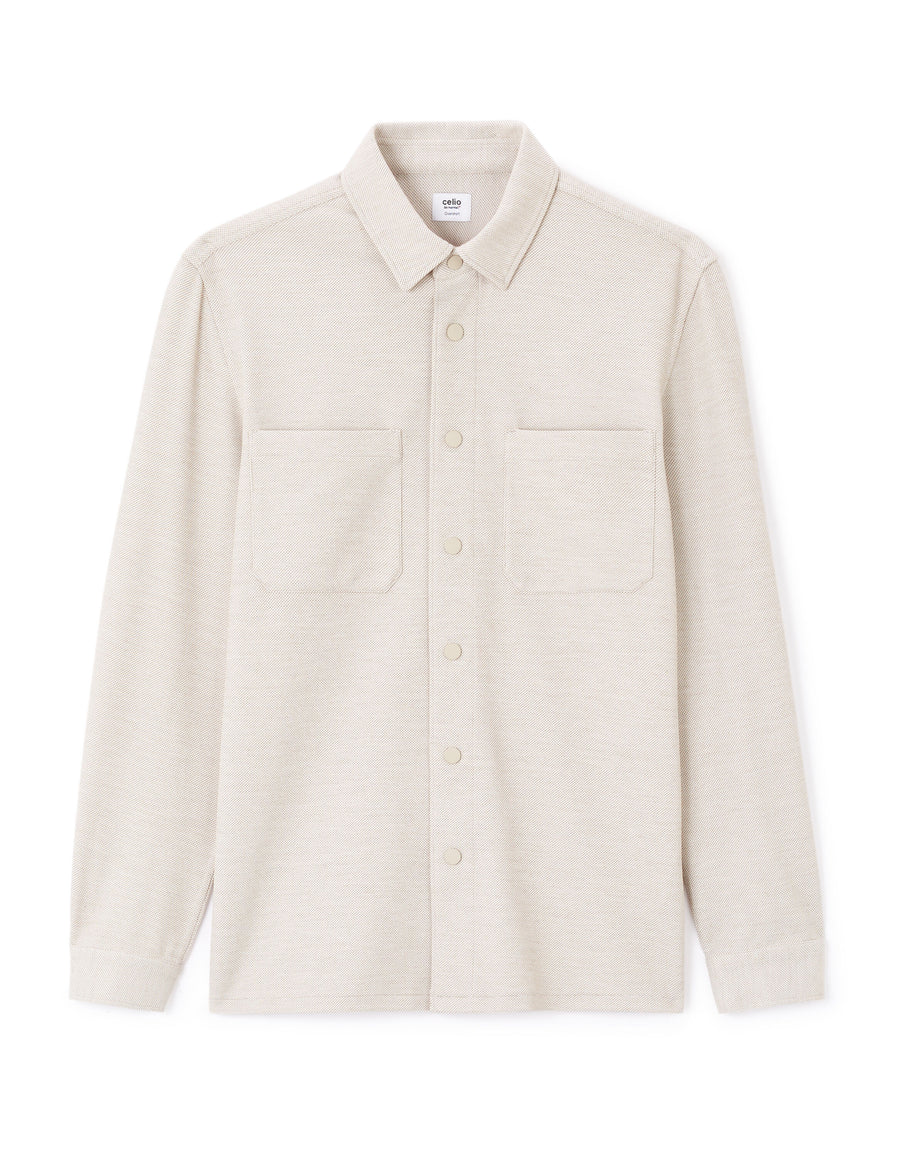 Overshirt Fit Stretch Cotton Spread Collar Shirt - Beige