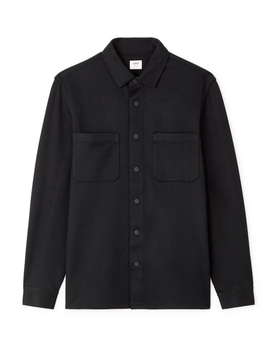Oversized Fit Stretch Cotton Spread Collar Shirt - Black