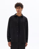 Oversized Fit Stretch Cotton Spread Collar Shirt - Black