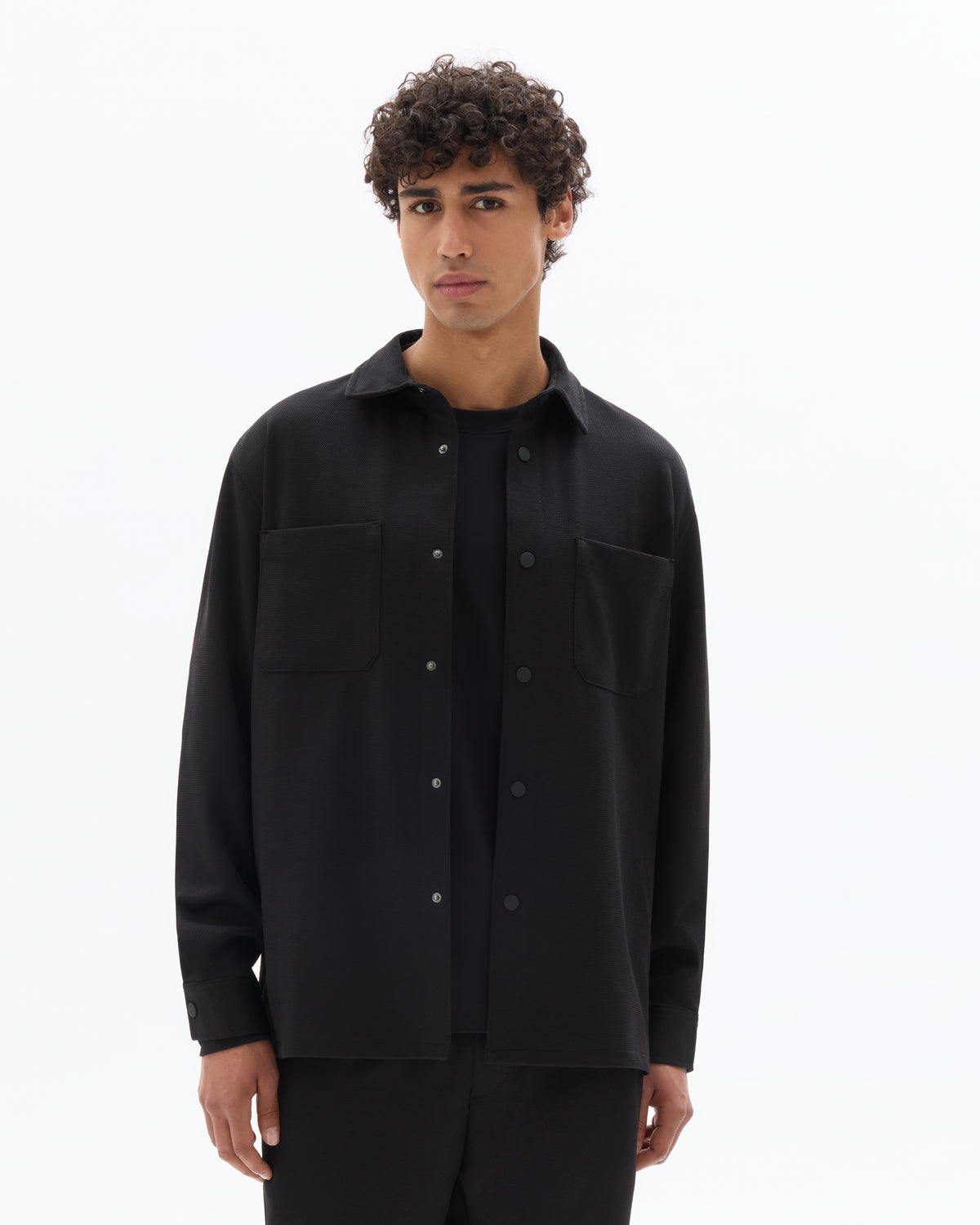 Oversized Fit Stretch Cotton Spread Collar Shirt - Black