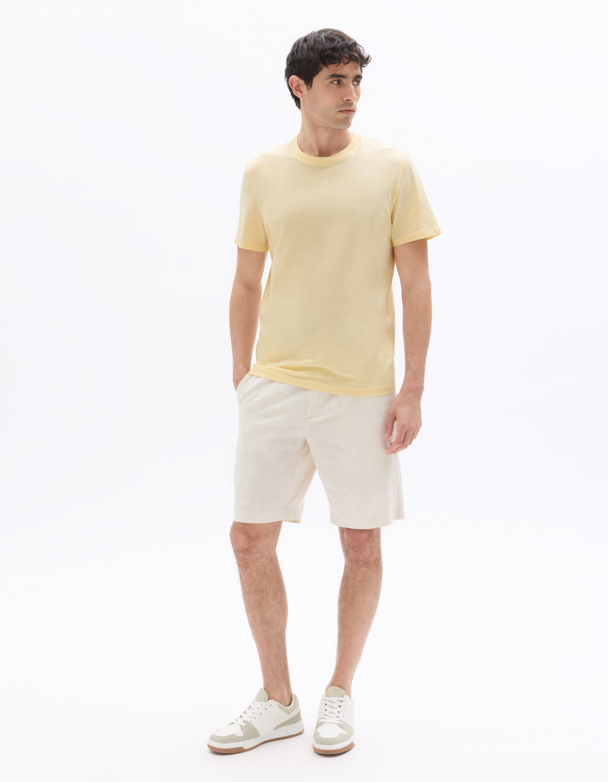 Regular Fit Cotton Linen Yarn Dyed Shorts - Beige