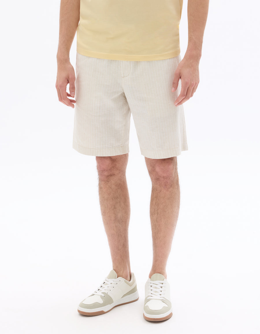 Regular Fit Cotton Linen Yarn Dyed Shorts - Beige