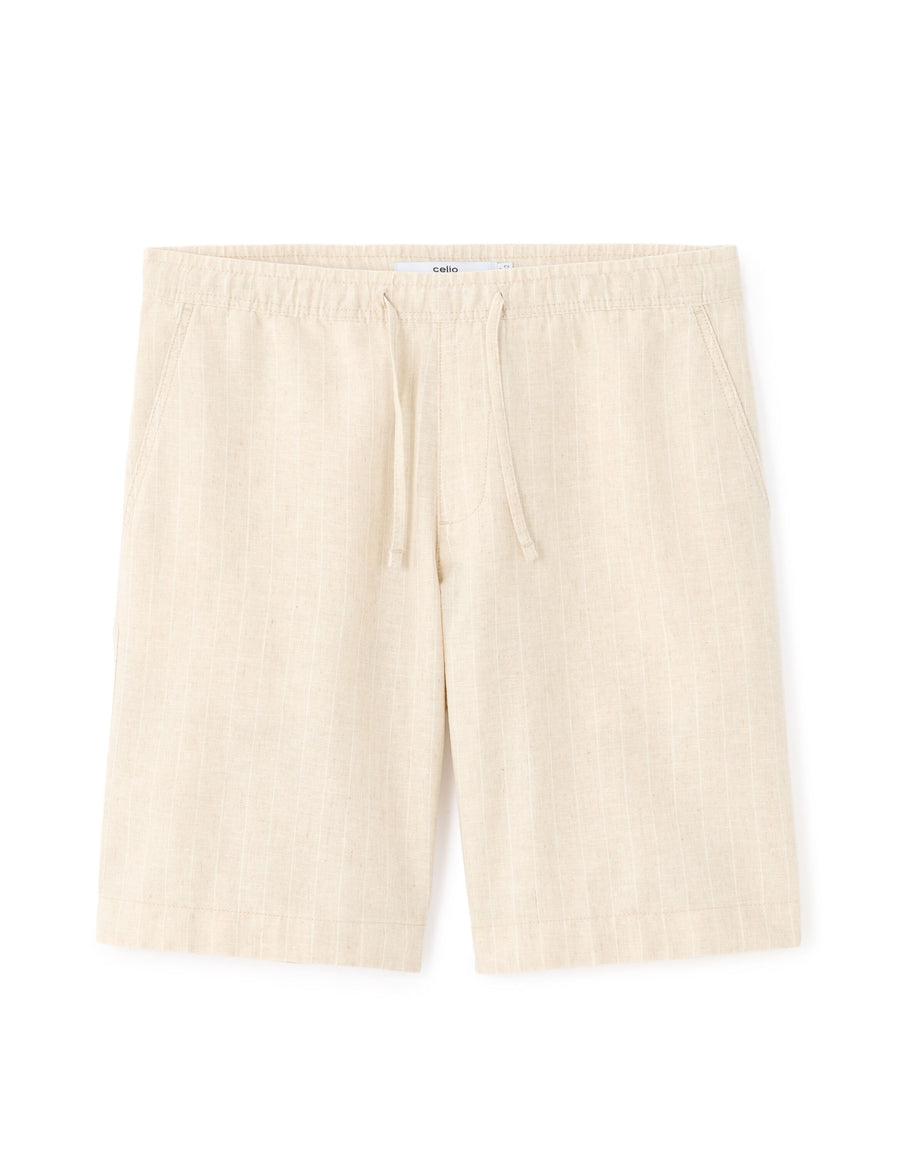 Regular Fit Cotton Linen Yarn Dyed Shorts - Natural