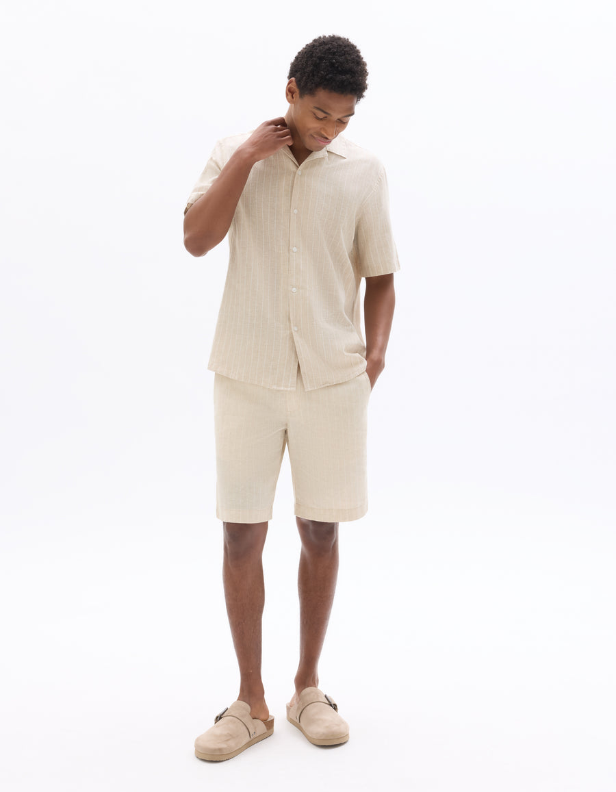 Regular Fit Cotton Linen Yarn Dyed Shorts - Natural