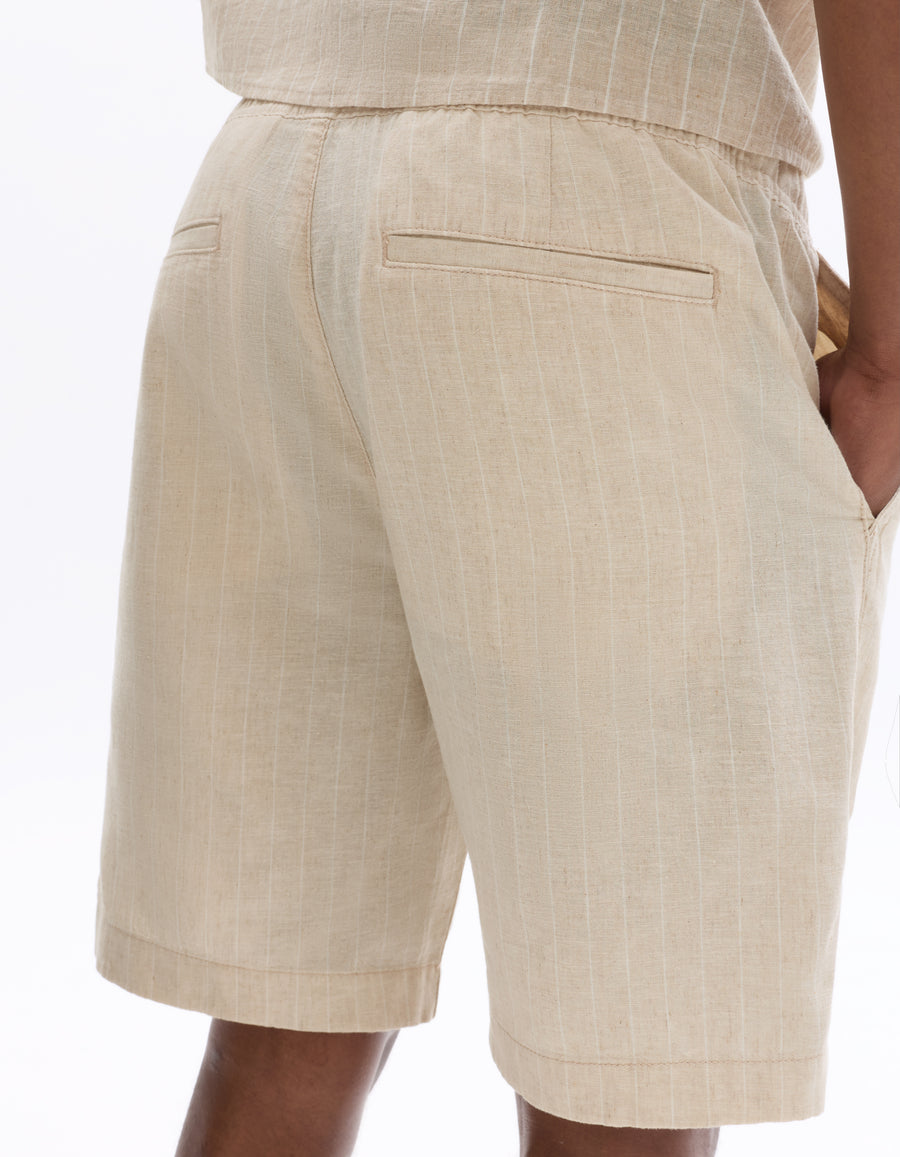 Regular Fit Cotton Linen Yarn Dyed Shorts - Natural