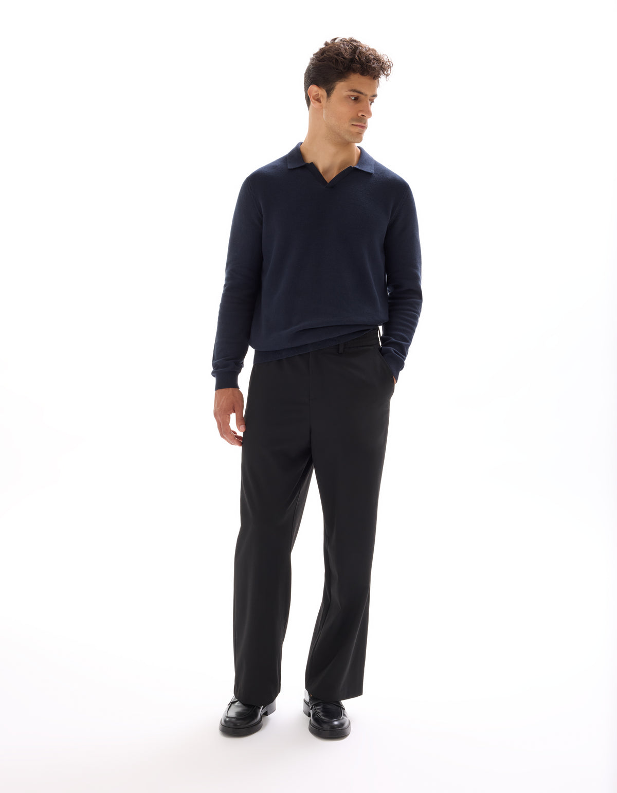 Regular Fit 100% Cotton Polo Collar Sweater - Navy Blue