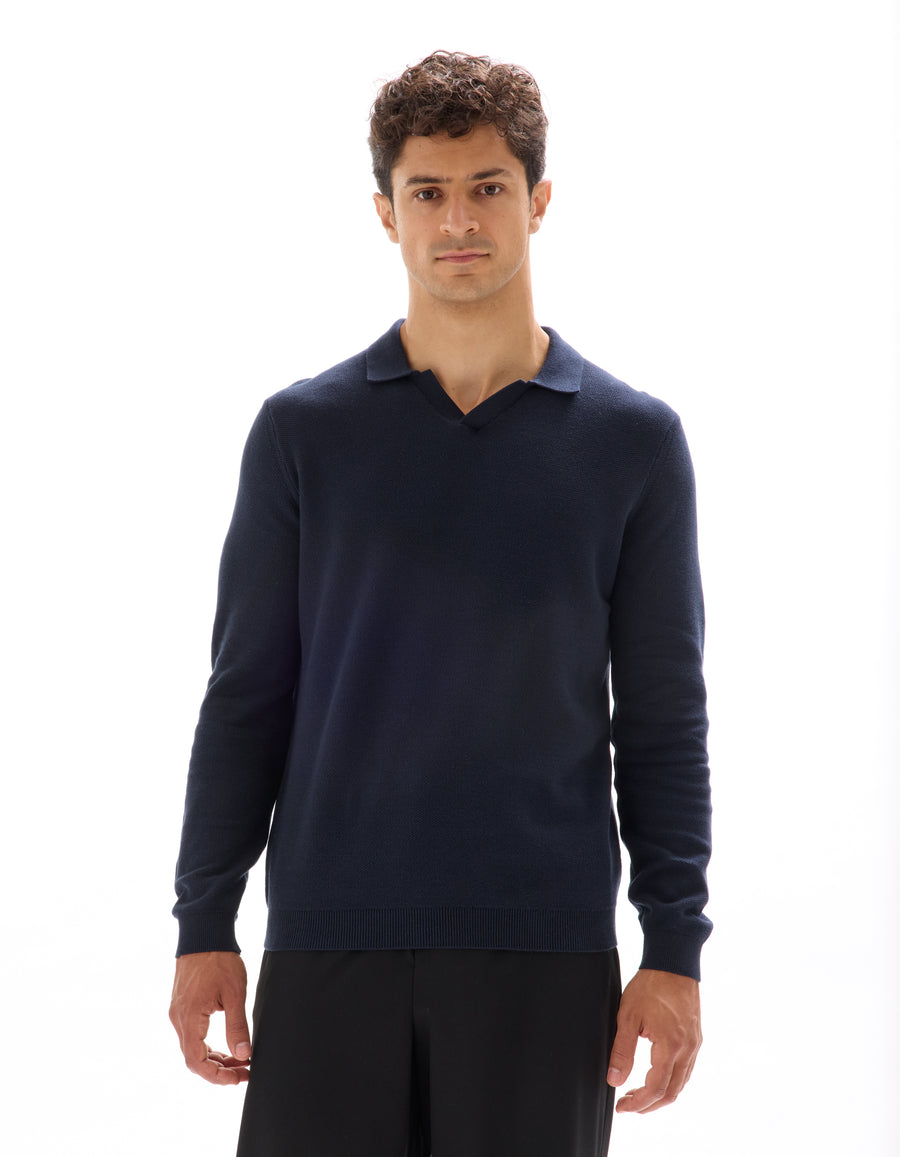 Regular Fit 100% Cotton Polo Collar Sweater - Navy Blue