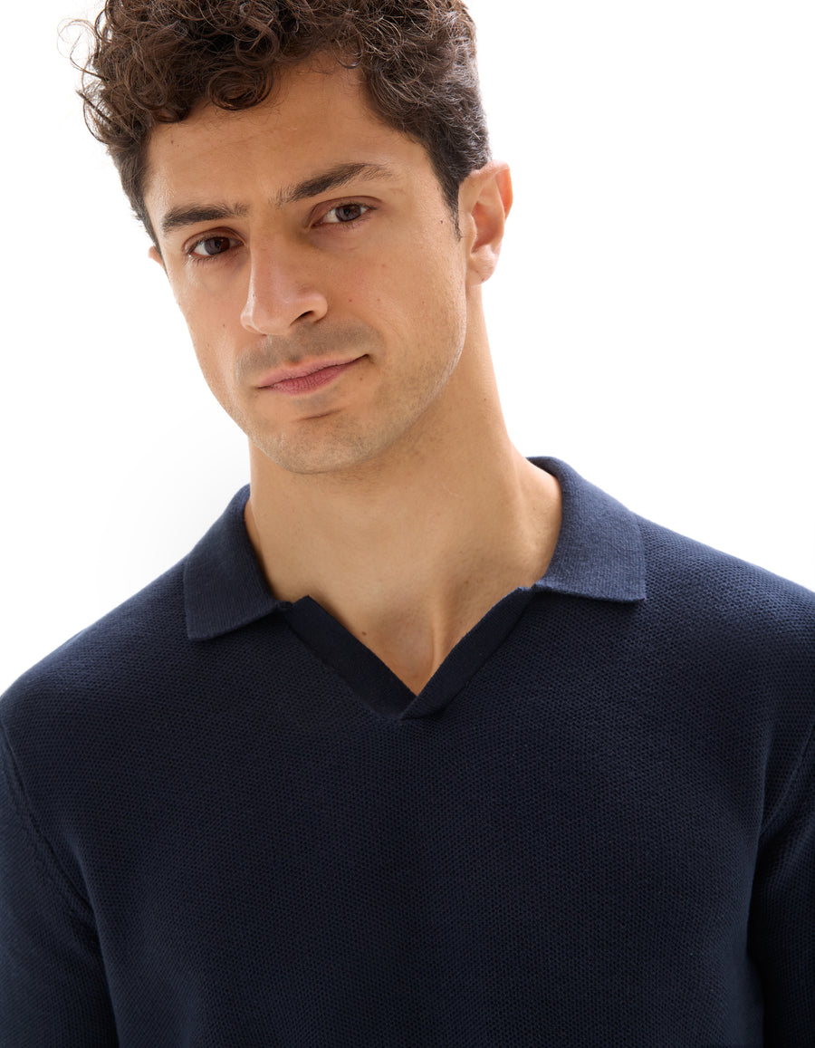 Regular Fit 100% Cotton Polo Collar Sweater - Navy Blue