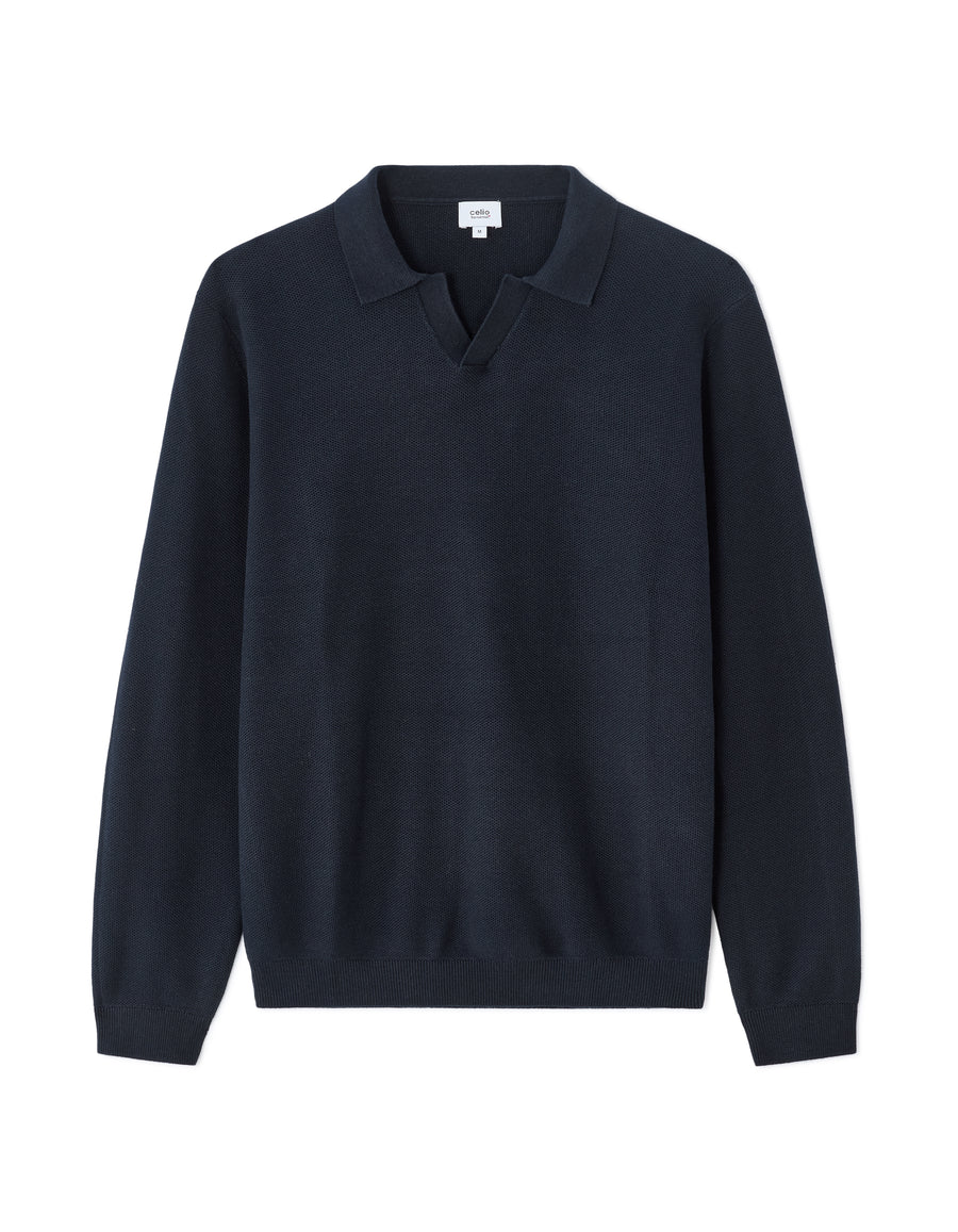 Regular Fit 100% Cotton Polo Collar Sweater - Navy Blue