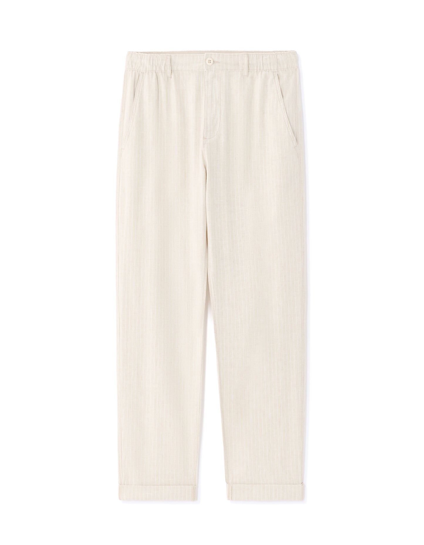 Straight Fit Cotton Linen Striped Trousers - Natural
