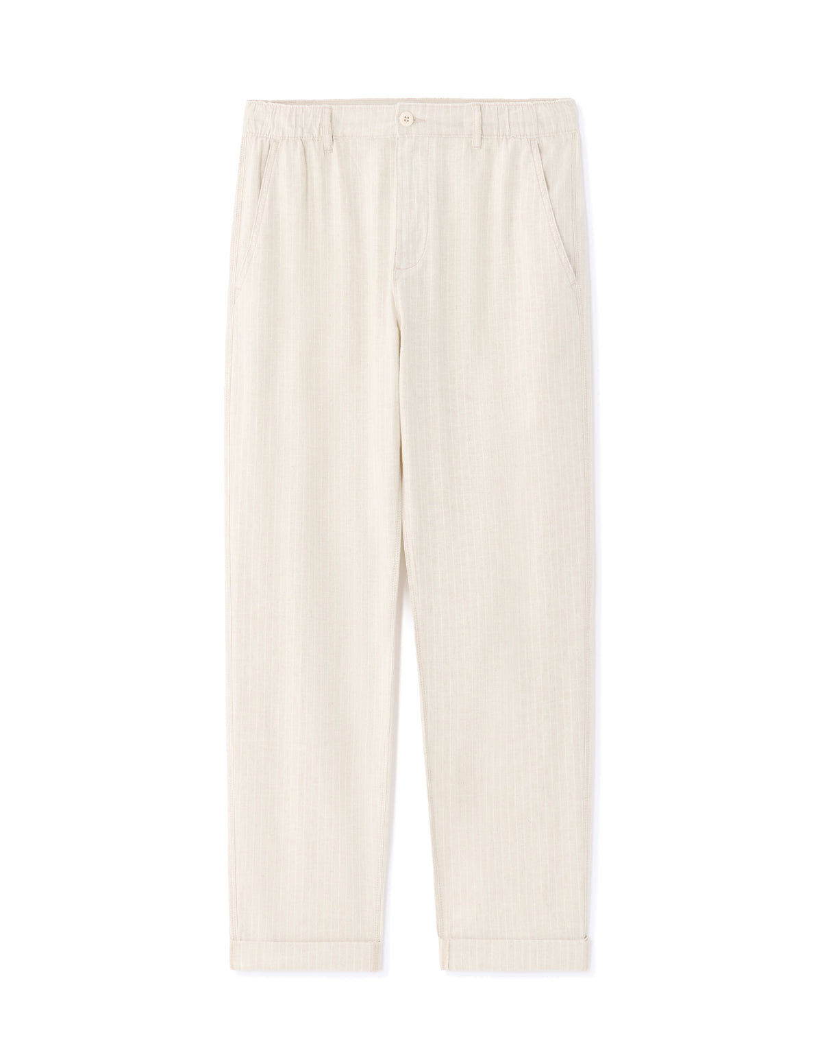 Straight Fit Cotton Linen Striped Trousers - Natural