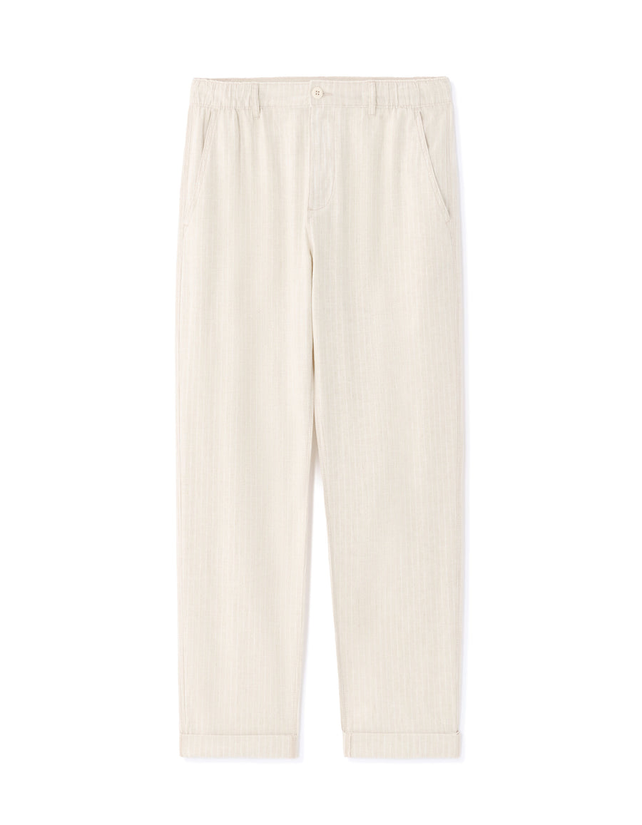 Straight Fit Cotton Linen Striped Trousers - Natural