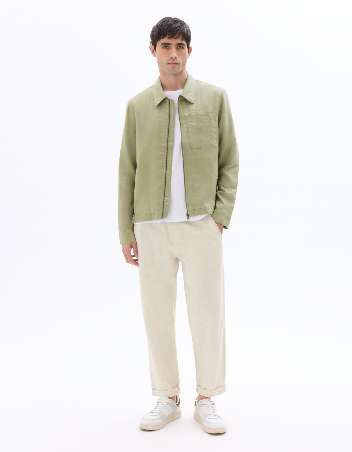 Straight Fit Cotton Linen Striped Trousers - Natural