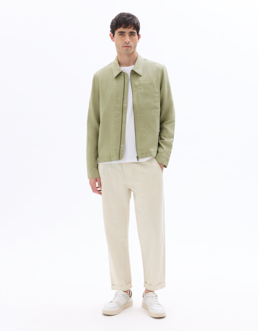 Straight Fit Cotton Linen Striped Trousers - Natural