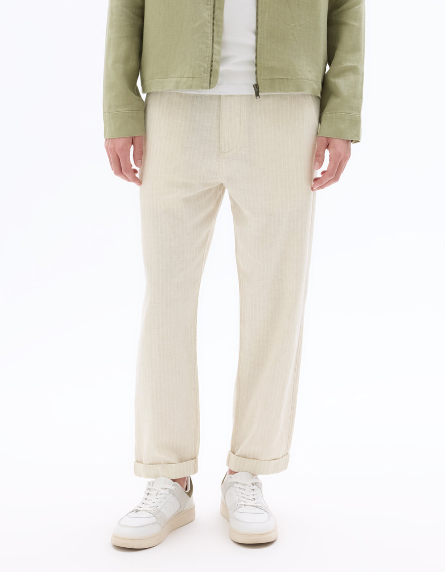Straight Fit Cotton Linen Striped Trousers - Natural