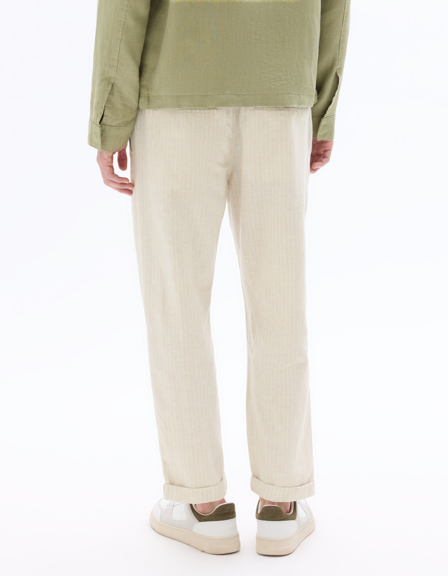 Straight Fit Cotton Linen Striped Trousers - Natural