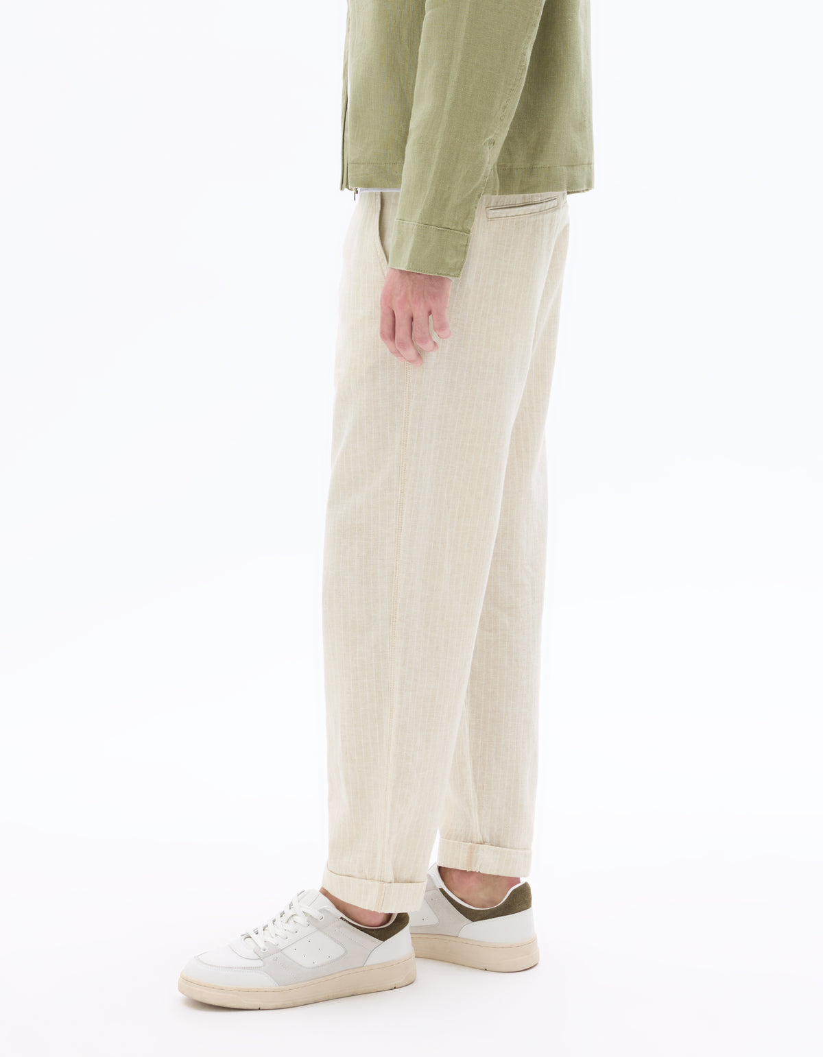 Straight Fit Cotton Linen Striped Trousers - Natural