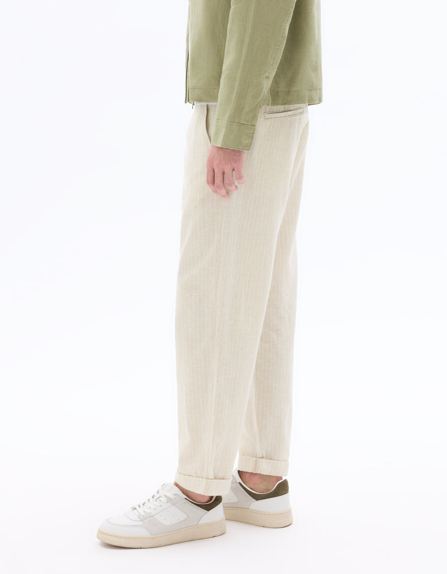 Straight Fit Cotton Linen Striped Trousers - Natural