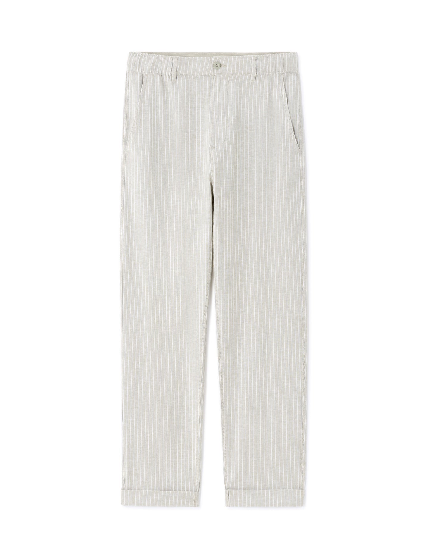 Straight Fit Cotton Linen Striped Trousers - Green