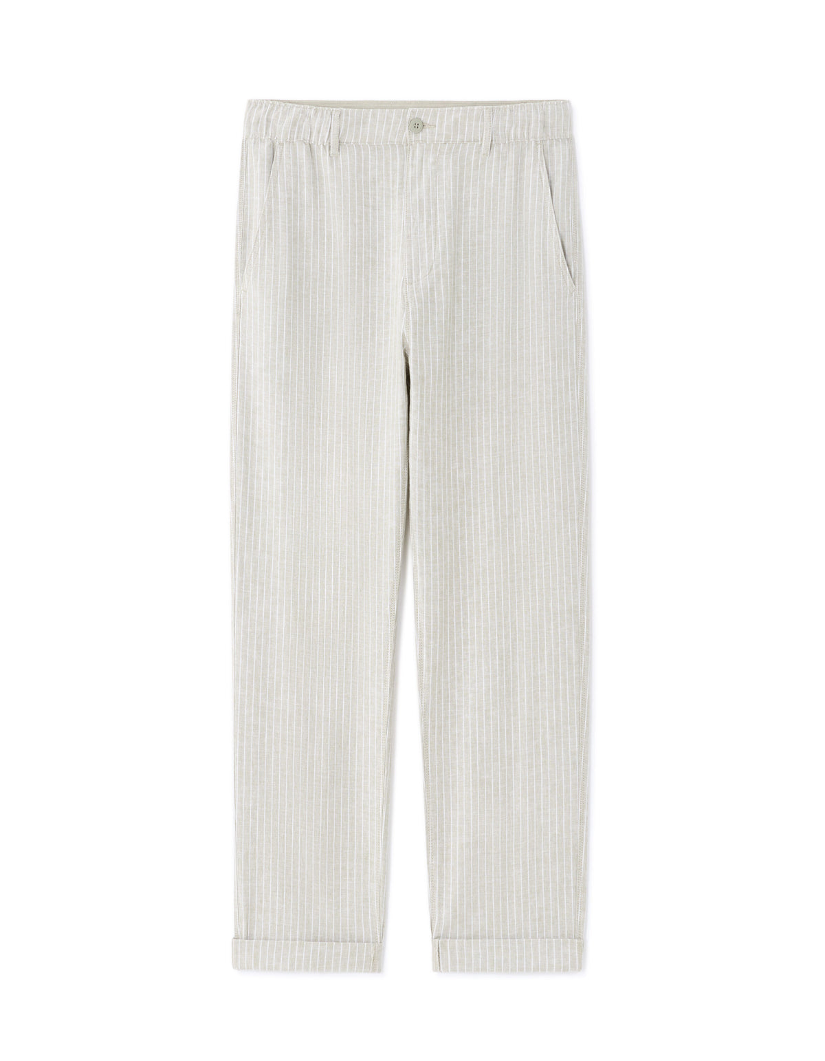 Straight Fit Cotton Linen Striped Trousers - Green