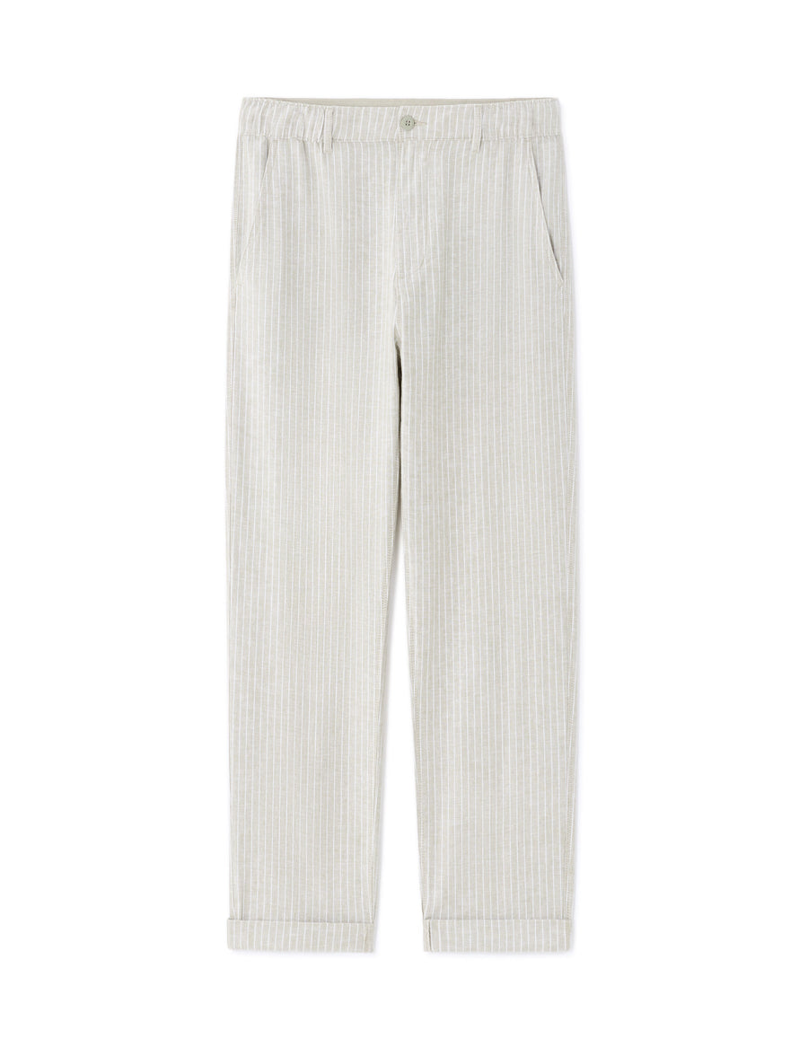 Straight Fit Cotton Linen Striped Trousers - Green