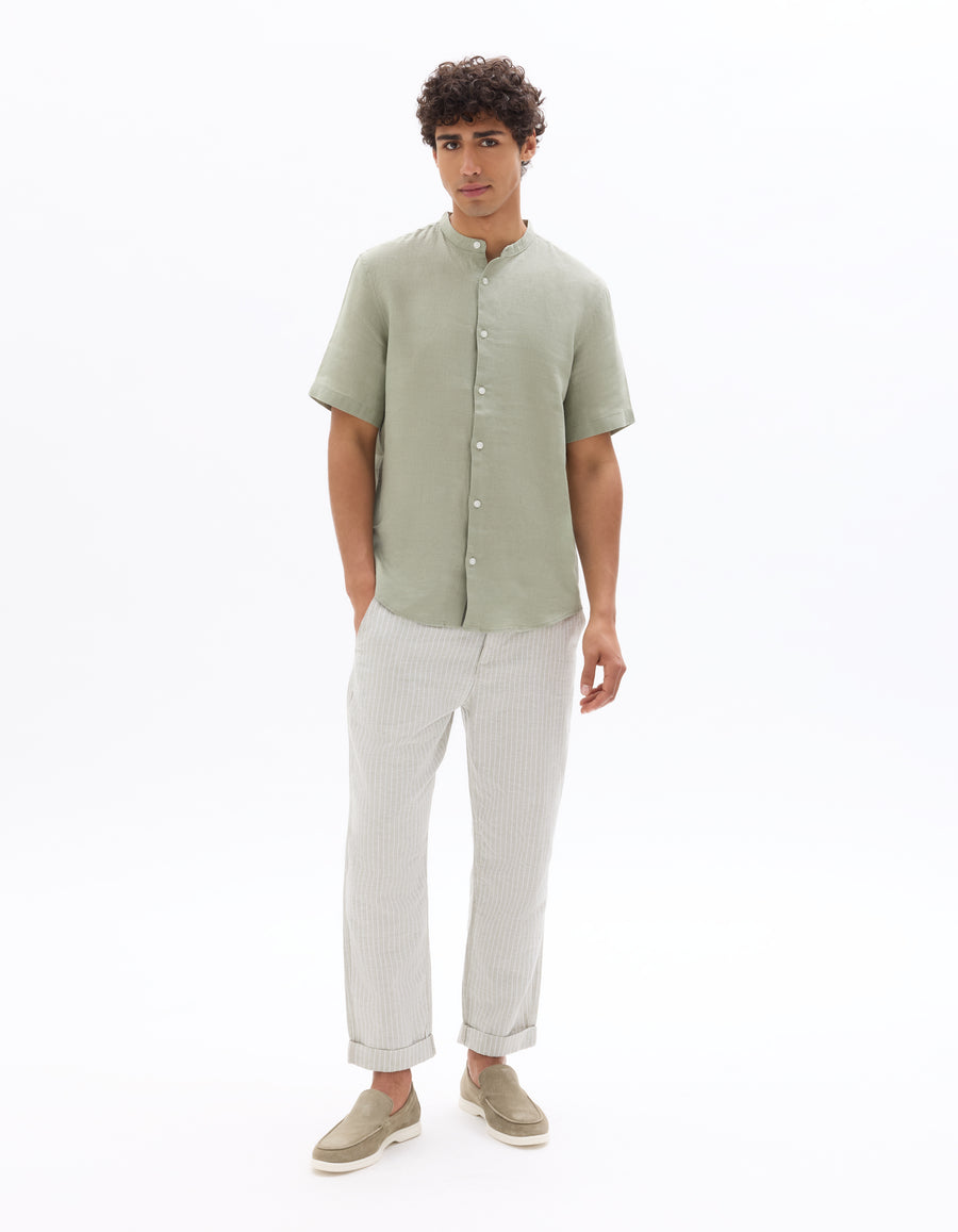 Straight Fit Cotton Linen Striped Trousers - Green