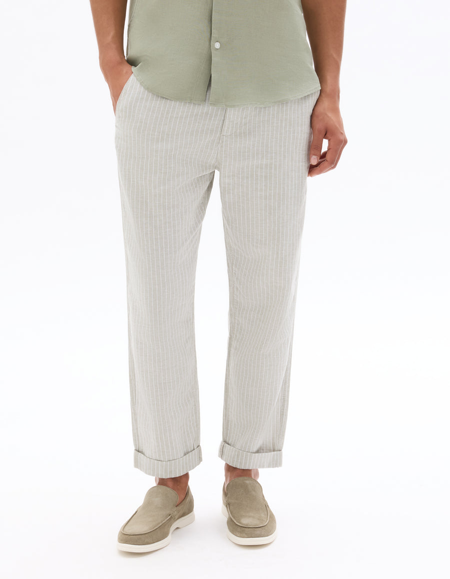 Straight Fit Cotton Linen Striped Trousers - Green