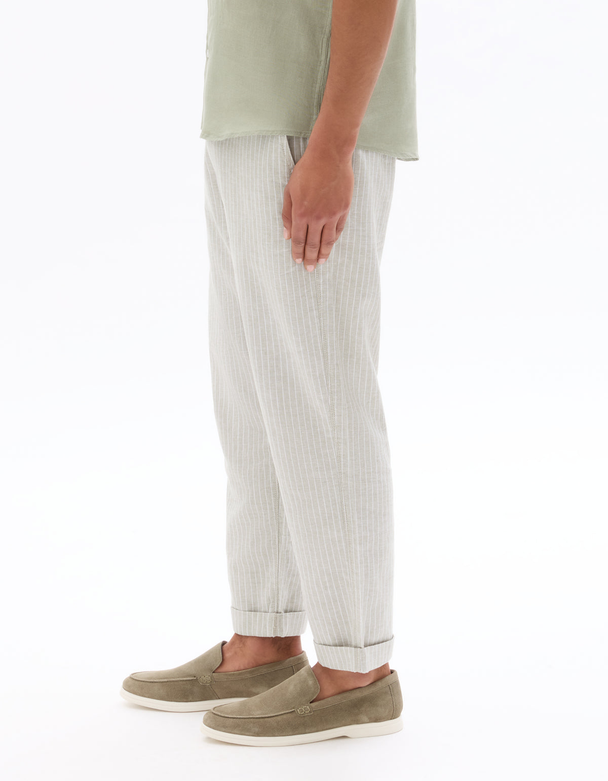 Straight Fit Cotton Linen Striped Trousers - Green