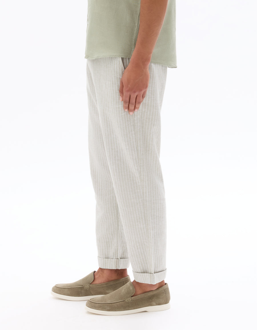 Straight Fit Cotton Linen Striped Trousers - Green