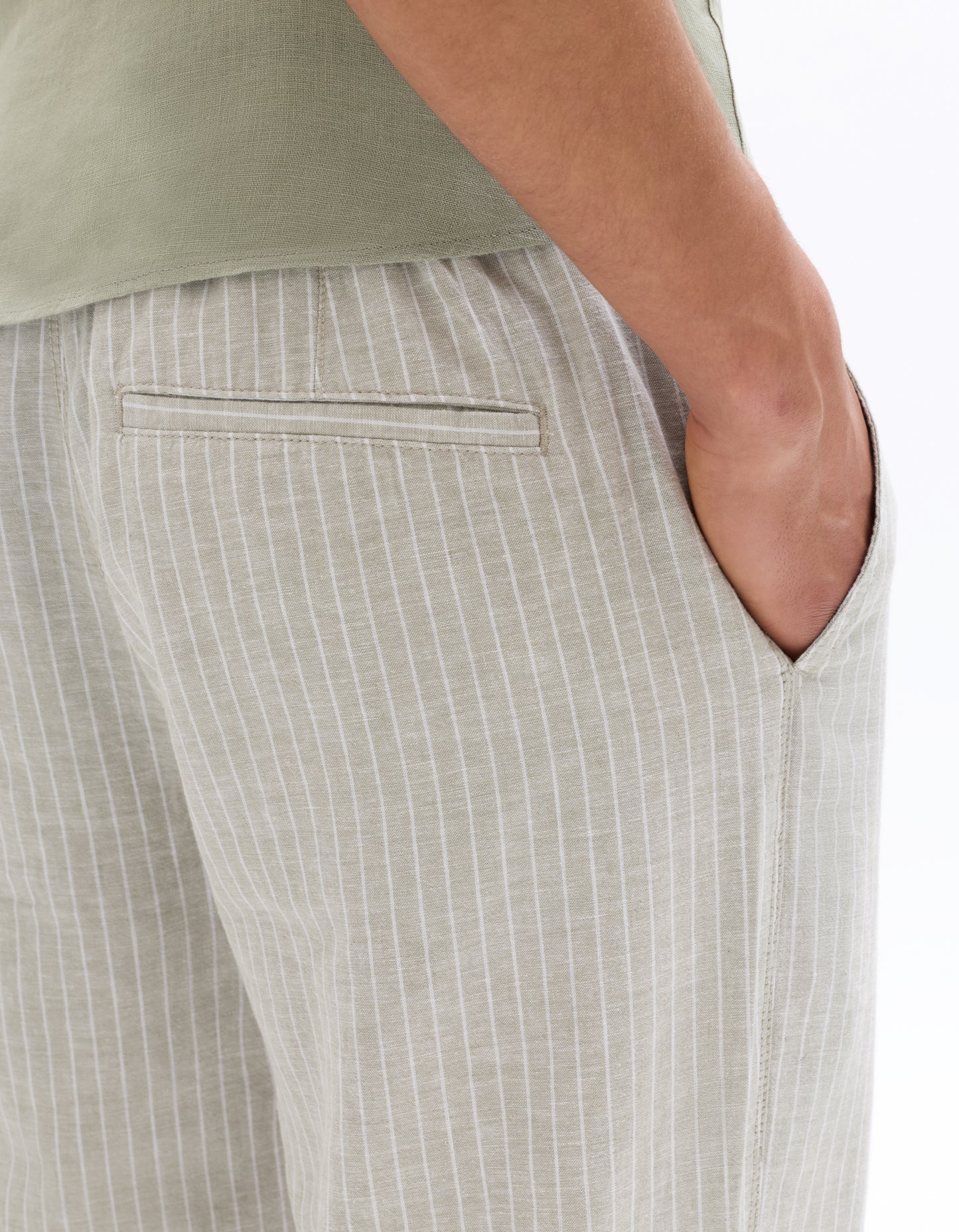 Straight Fit Cotton Linen Striped Trousers - Green