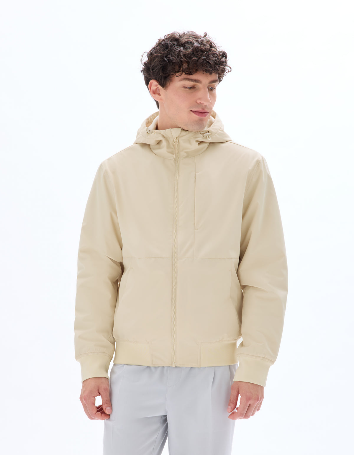 Regular Fit 100% Polyester Hooded Jacket - Beige