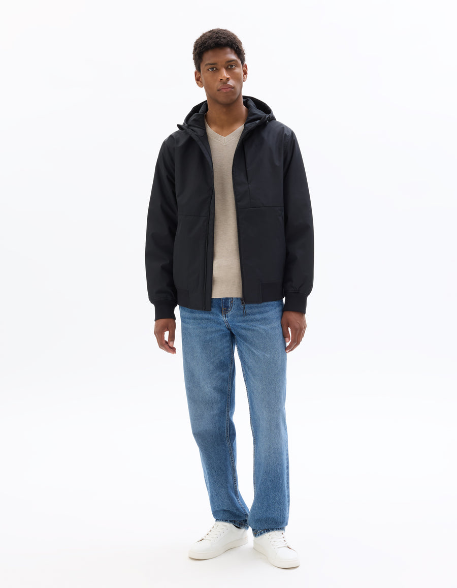 Regular Fit 100% Polyester Hooded Jacket - Black