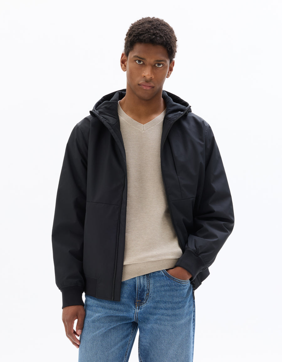 Regular Fit 100% Polyester Hooded Jacket - Black