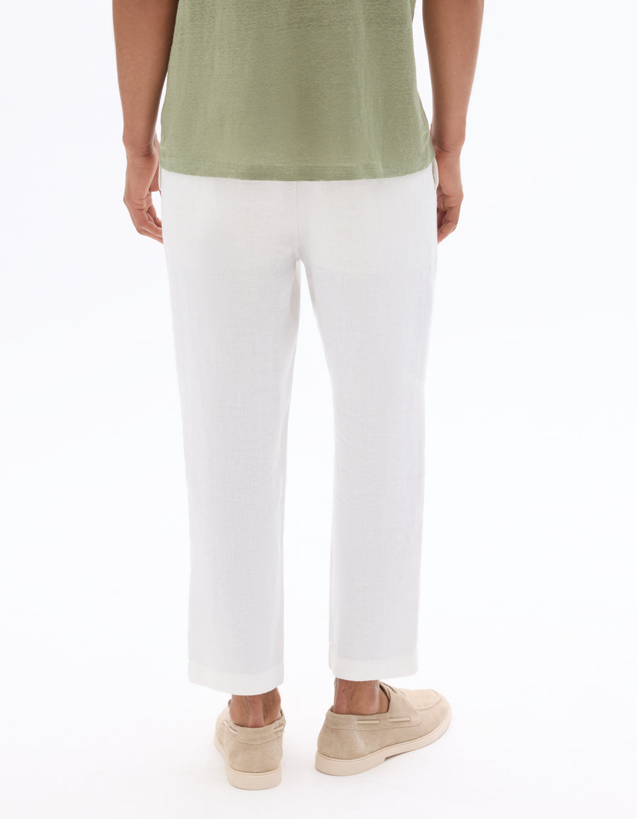 Straight Fit 100% Linen Solid Trousers - White